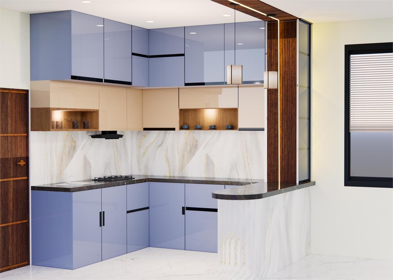 Contemporary kitchen with blue cabinetry and a marble island