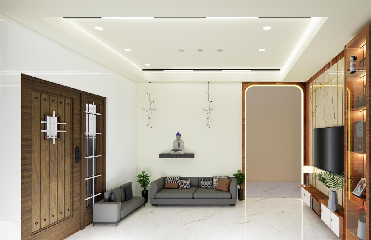 Bright living room with a custom media wall and natural finishes