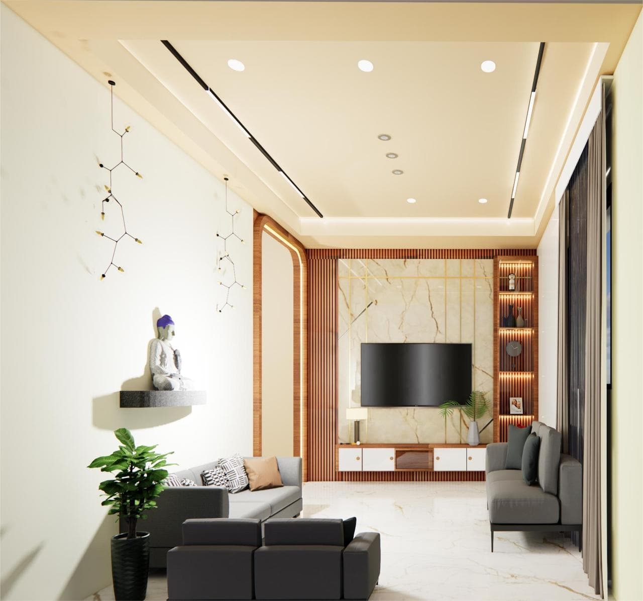 Contemporary living room with warm wood details and a comfortable seating area