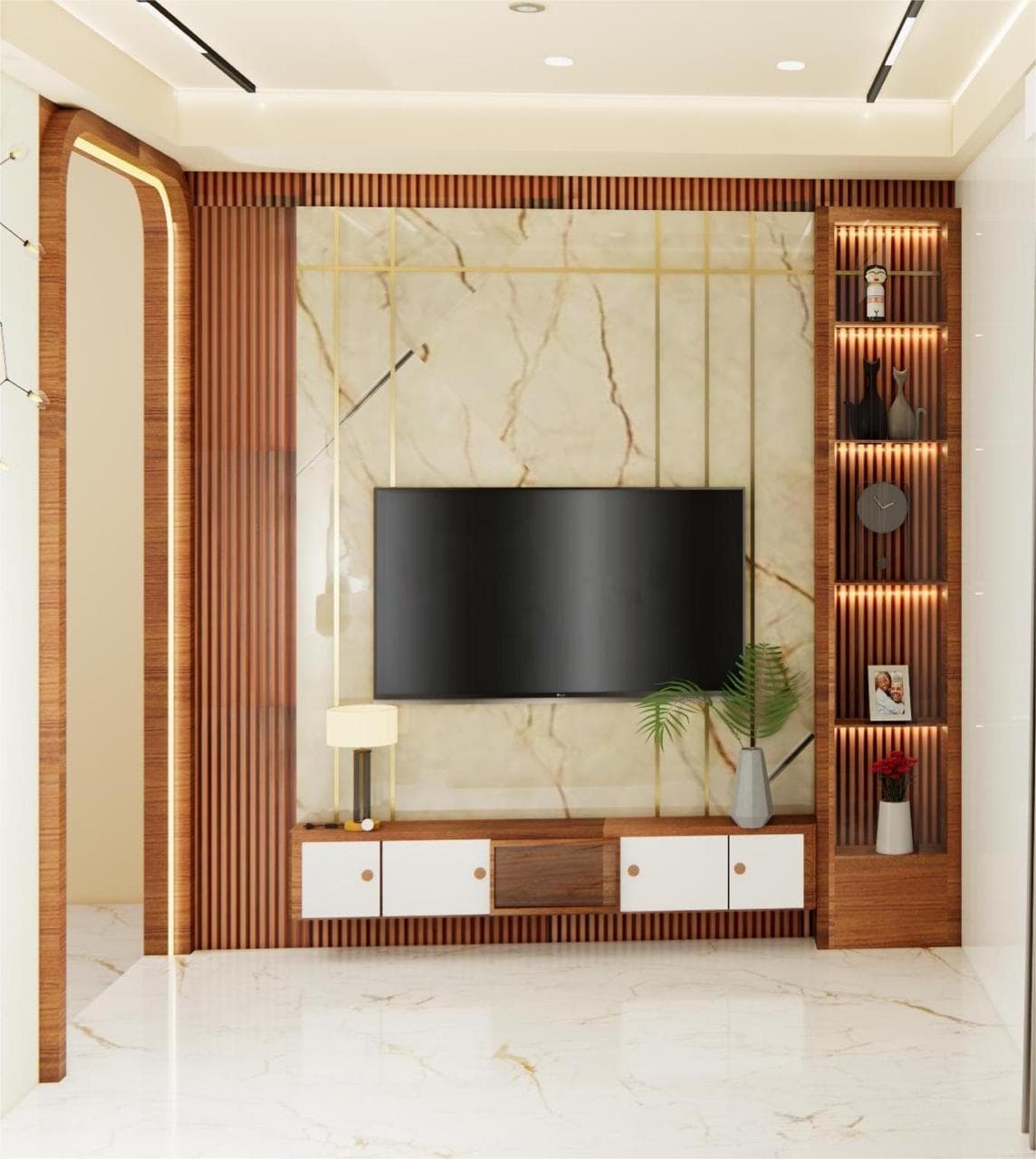 Custom television wall with wood slats and built-in display shelves